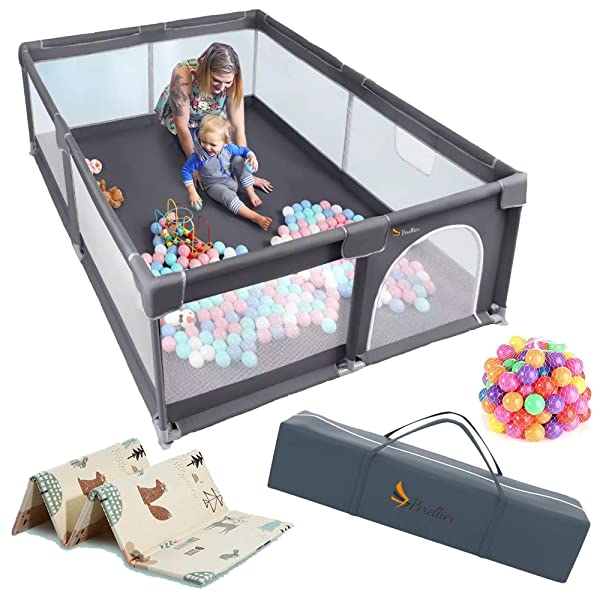 Large Indoor/Outdoor Baby Playpen with Pit Balls, Folding Playmat and